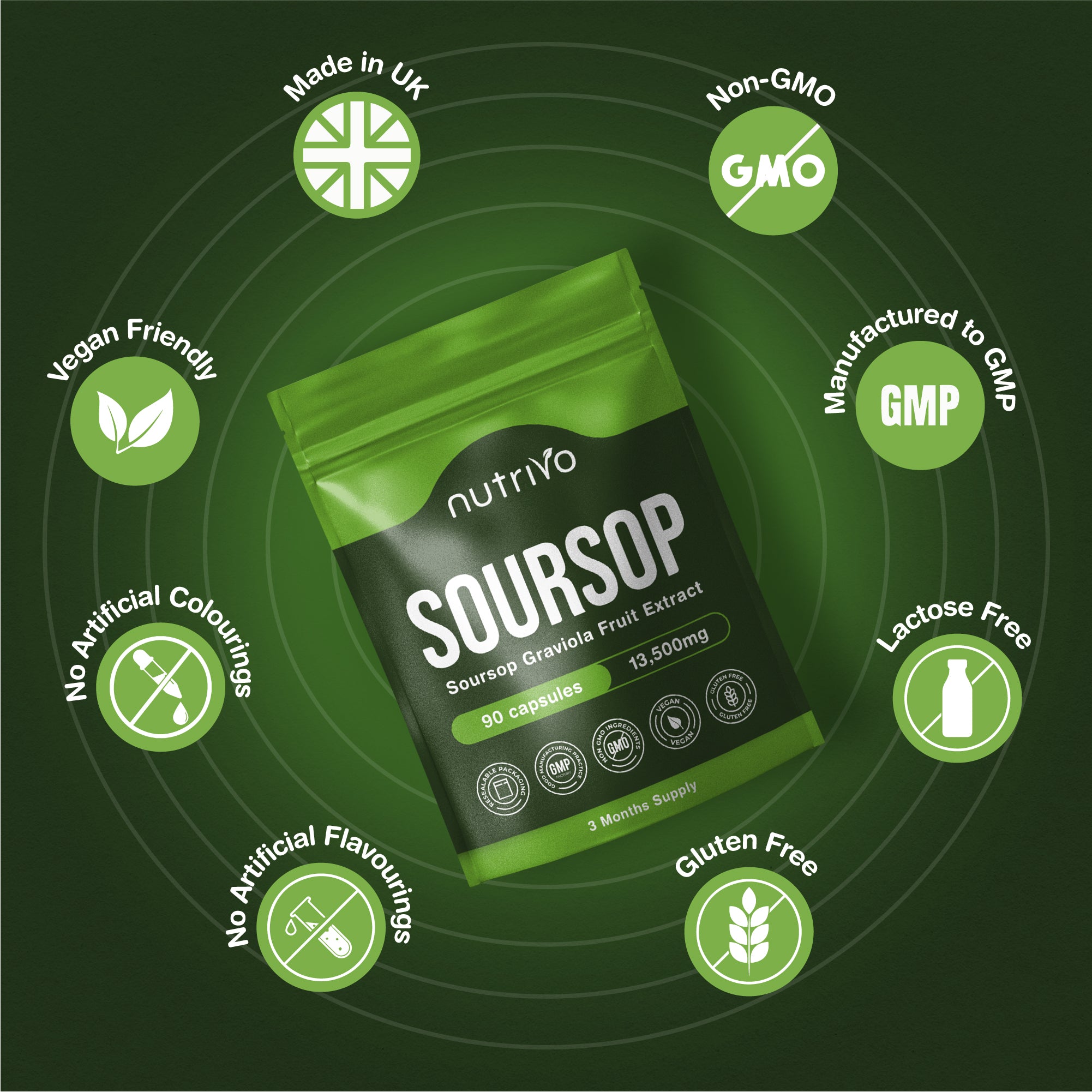 Soursop Graviola Capsules | 13,500mg Per Capsule | 90 Capsules Per Pouch - 3 Months Supply | One A Day | Good Alternative to Soursop Tea, Drops and Tincture | Vegan & UK Made