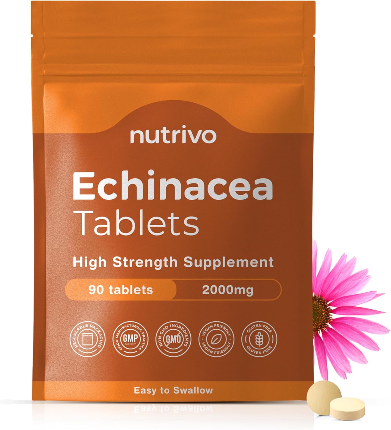 Echinacea 2000mg (200mg Extract) Tablets | 90 Tablets Per Pouch