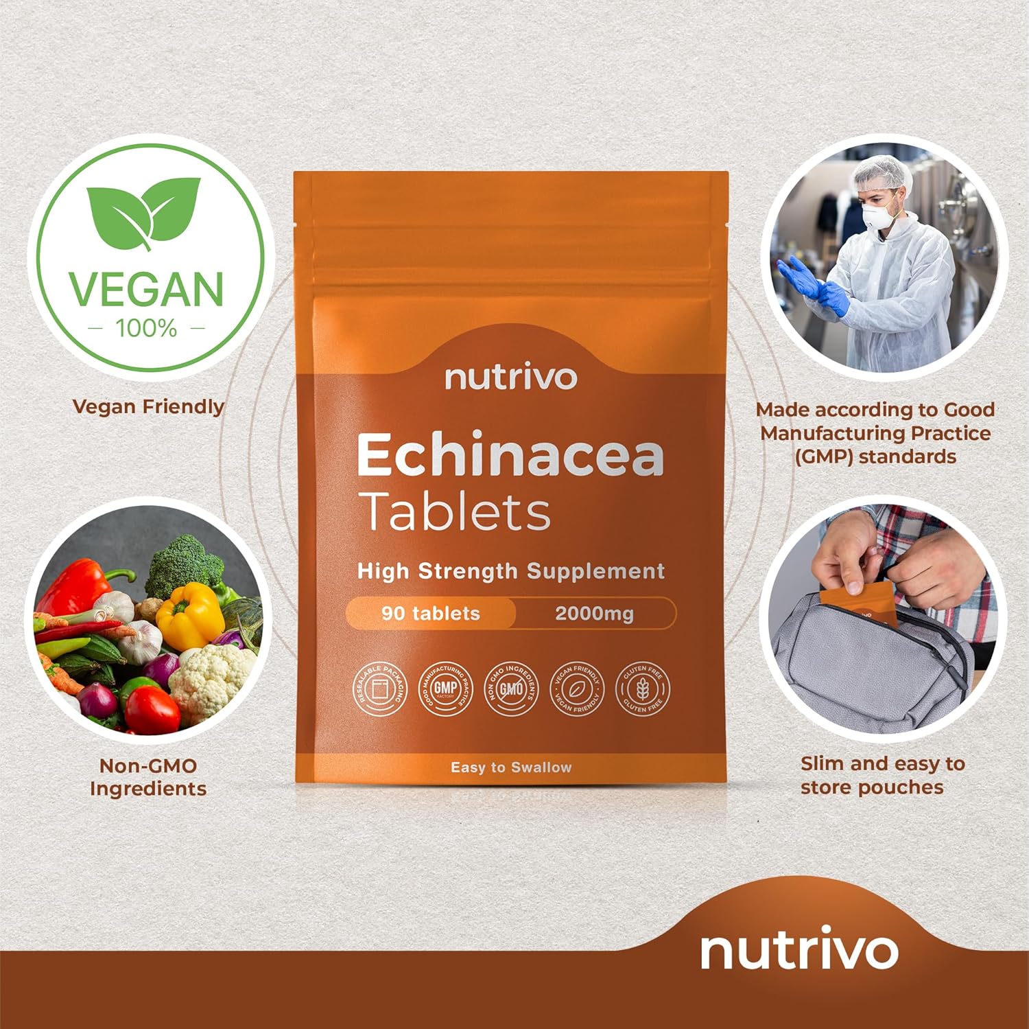Echinacea 2000mg (200mg Extract) Tablets | 90 Tablets Per Pouch
