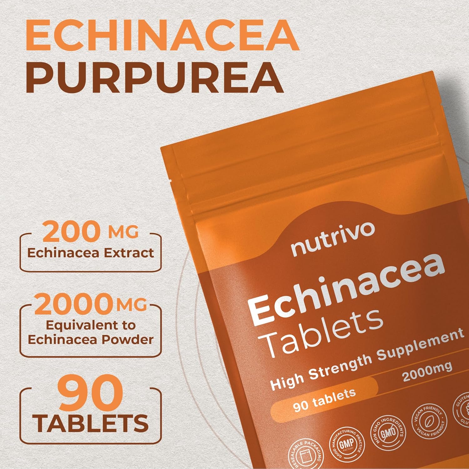 Echinacea 2000mg (200mg Extract) Tablets | 90 Tablets Per Pouch