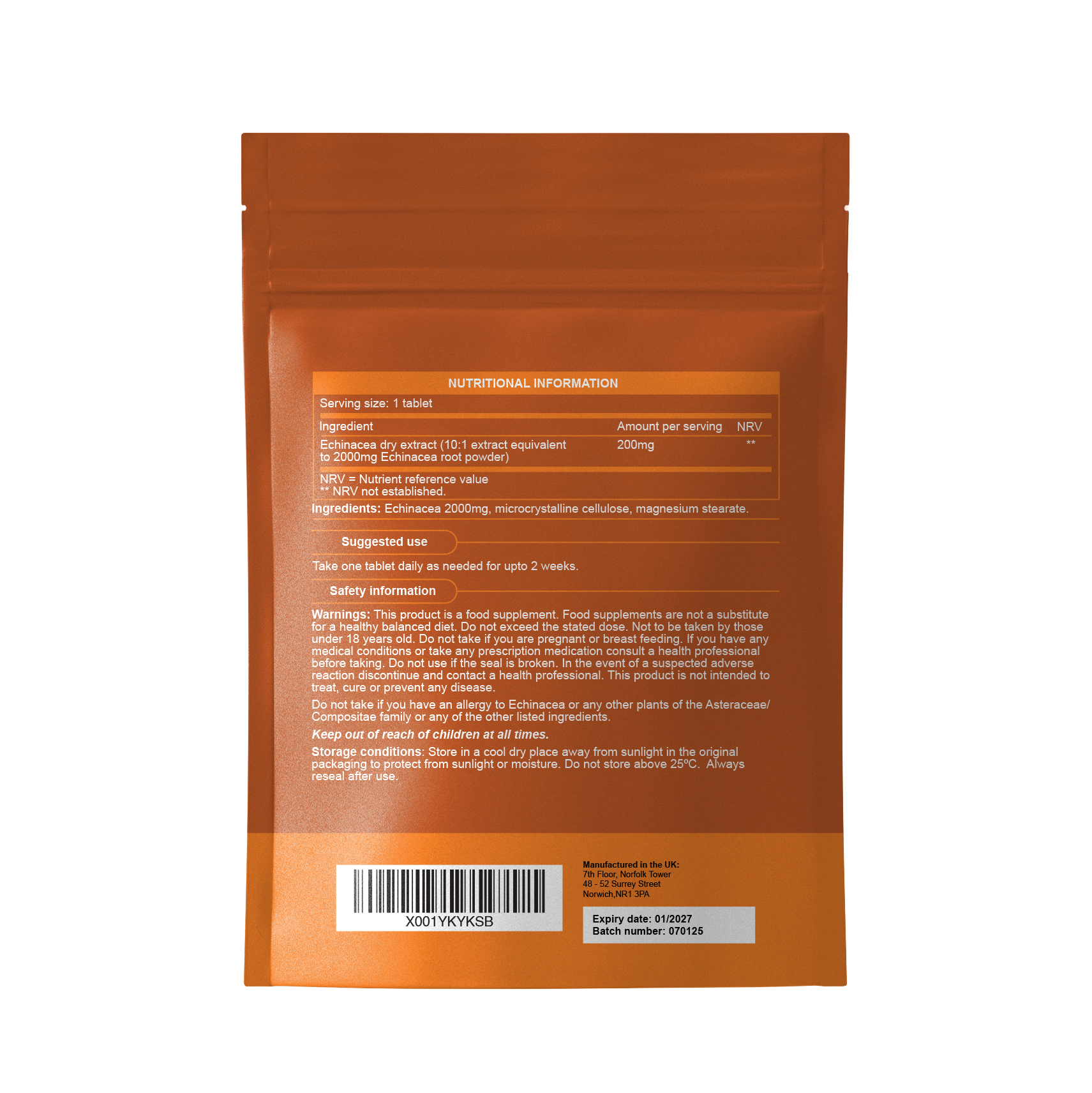 Echinacea 2000mg (200mg Extract) Tablets | 90 Tablets Per Pouch
