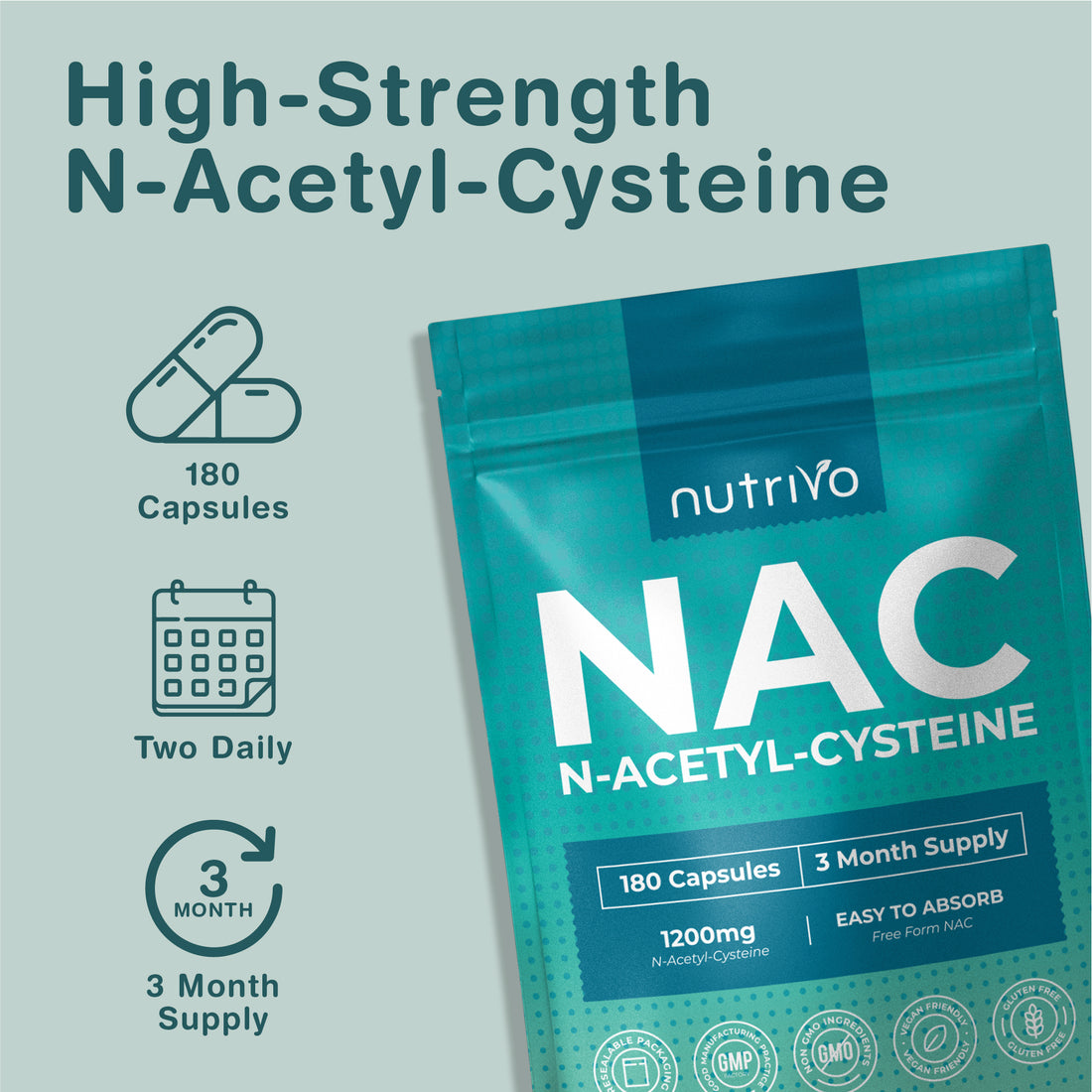 Nutrivo NAC Supplement (N-Acetylcysteine) 1200mg Per Serving | 180 N Acetyl Cysteine Capsules - 3 Month Supply | Free Form, Non-GMO, Gluten Free | Made in UK