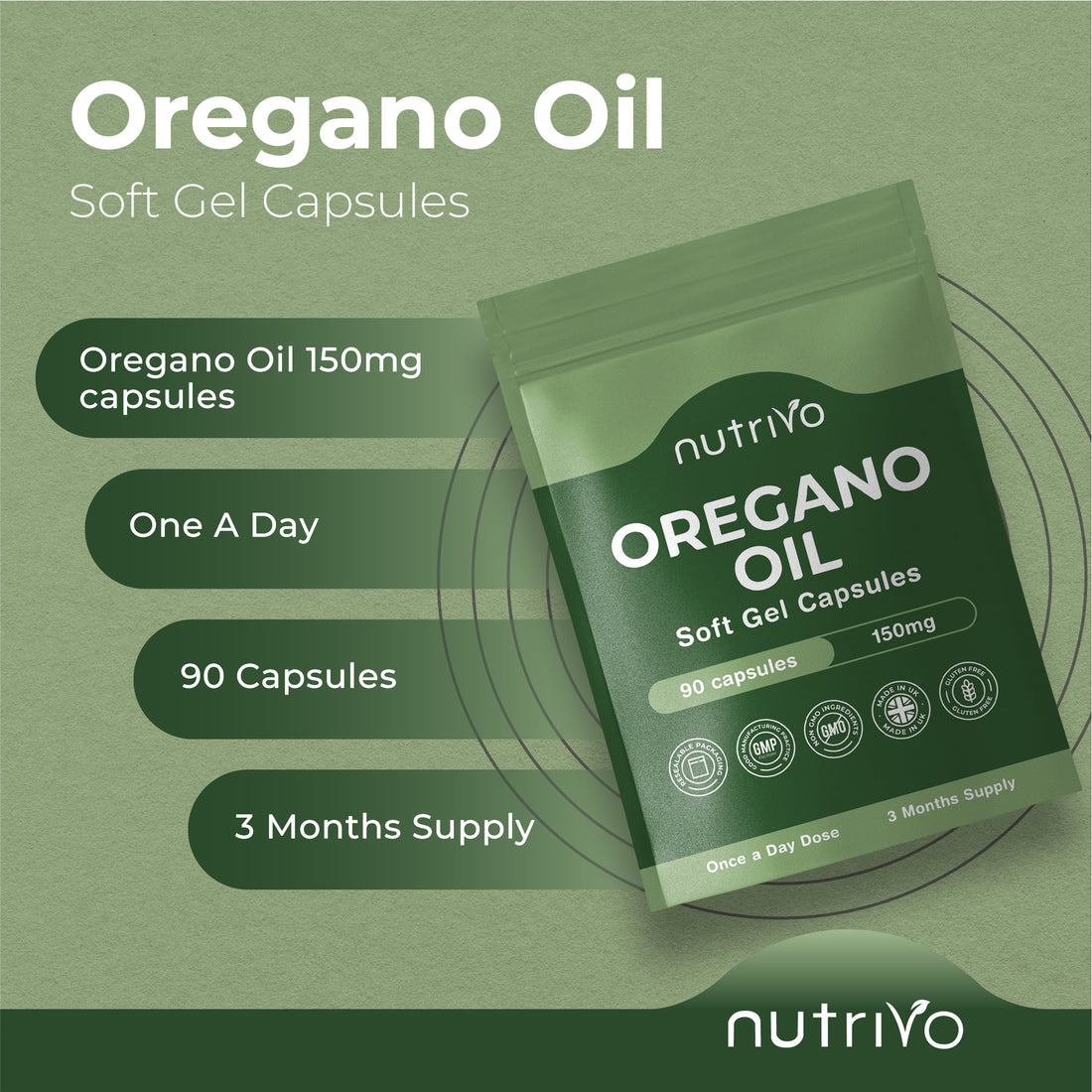Oregano Oil Capsules | High Strength Oil of Oregano - 150mg Per Soft Gel | High Carvacrol Content | Immune & Digestive Support | Cold Pressed, Non-GMO & UK Made