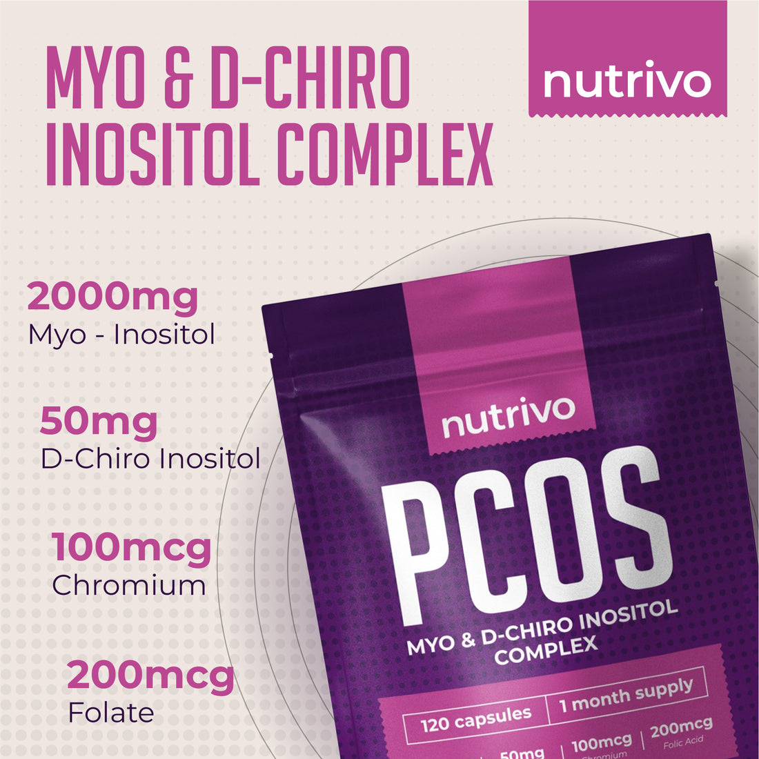 Myo Inositol & D Chiro Inositol - 120 Capsules | PCOS Supplement Supports Fertility, Weight Loss & Hormone Balance | Inositol 2000mg, D- Chiro Inositol, Folic Acid, Chromium