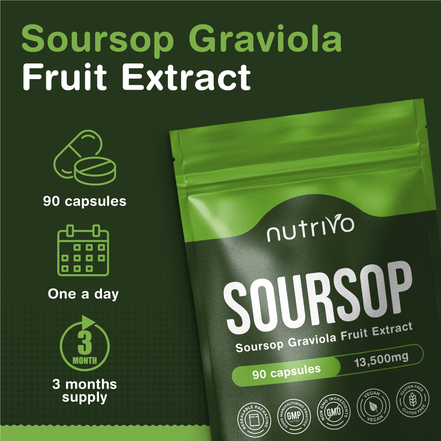Soursop Graviola Capsules | 13,500mg Per Capsule | 90 Capsules Per Pouch - 3 Months Supply | One A Day | Good Alternative to Soursop Tea, Drops and Tincture | Vegan &amp; UK Made