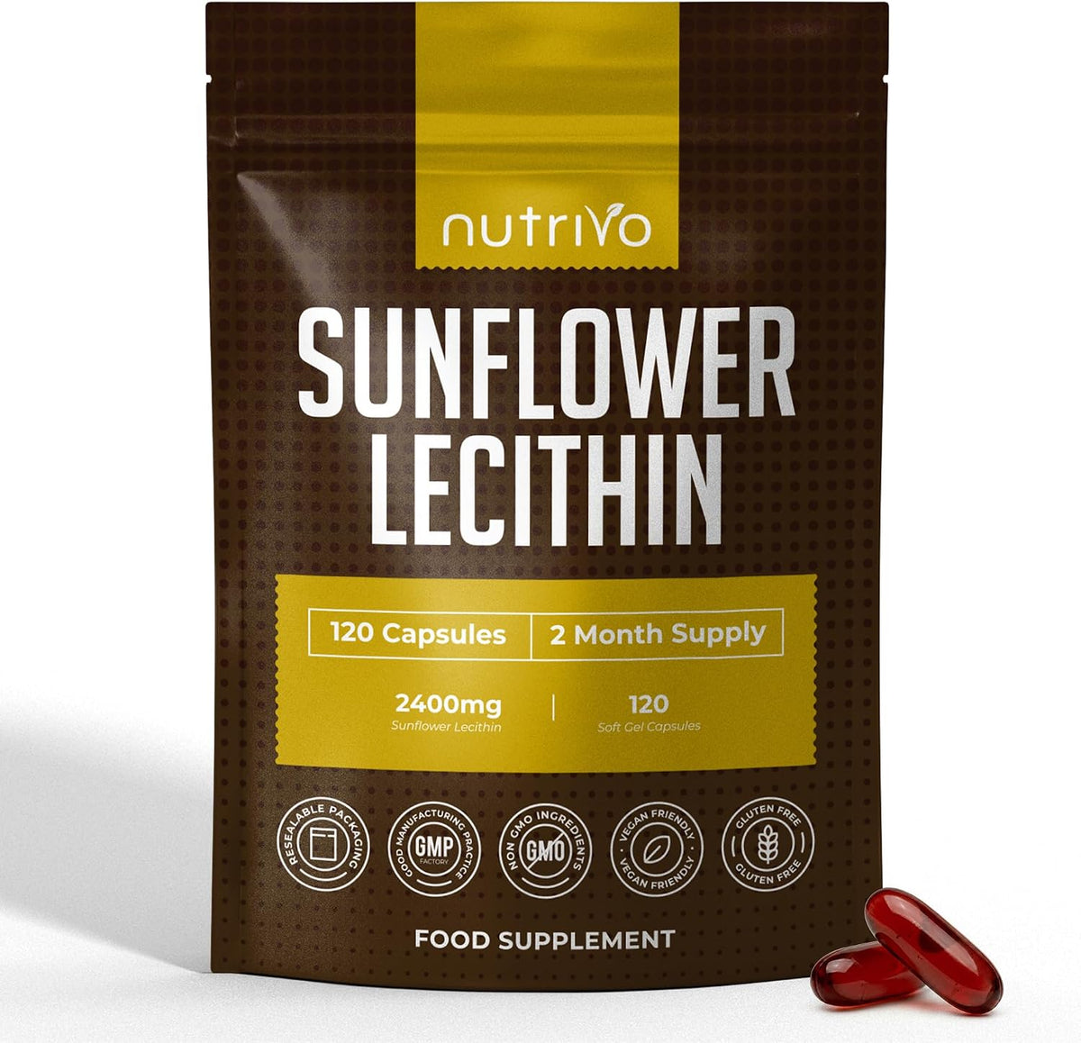 Nutrivo Sunflower Lecithin Capsules 2400mg |120 Softgels | 2 Month Supply