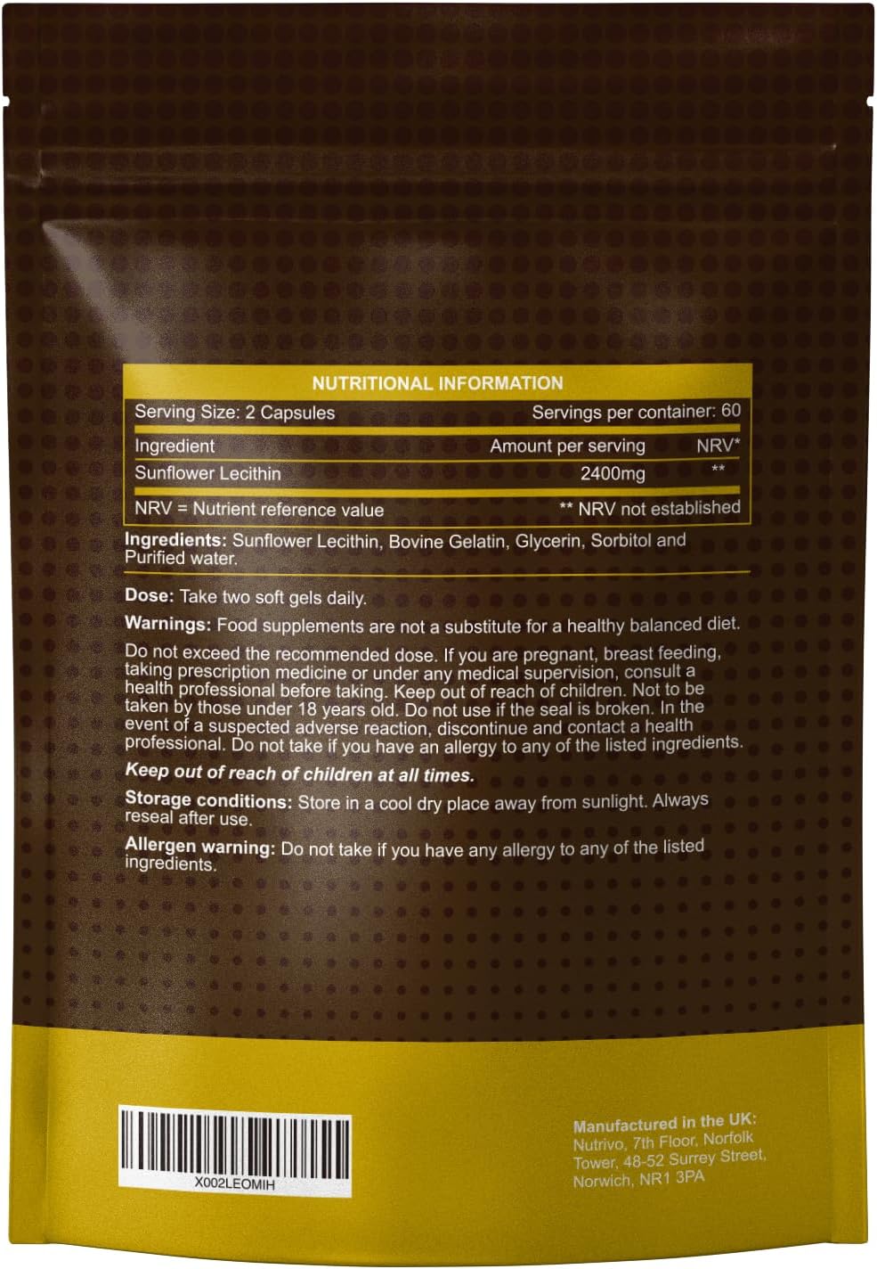 Nutrivo Sunflower Lecithin Capsules 2400mg |120 Softgels | 2 Month Supply