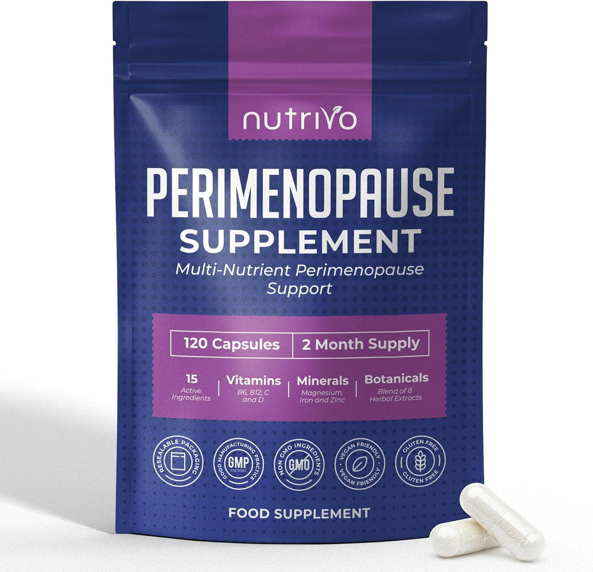 Perimenopause Supplements &amp; Menopause Supplements - 120 Capsules Per Pouch Perimenopause &amp; Menopause Supplement | 15 Ingredient Blend of Vitamins, Minerals &amp; Botanicals | 120 capsules | 2 Month Supply