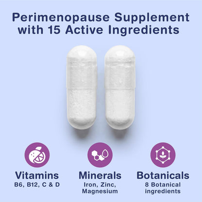 Perimenopause Supplements &amp; Menopause Supplements - 120 Capsules Per Pouch Perimenopause &amp; Menopause Supplement | 15 Ingredient Blend of Vitamins, Minerals &amp; Botanicals | 120 capsules | 2 Month Supply