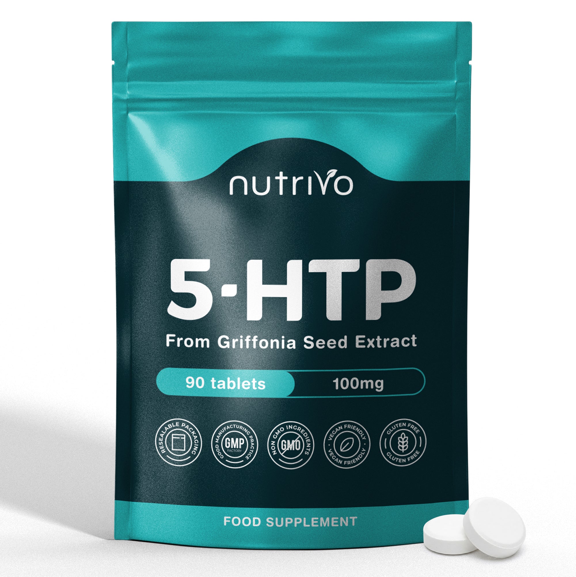 Nutrivo 5HTP Tablets - 90 Tablets Per Pack | 5HTP High Strength 1000mg Supplement | One A Day - 3 Months Supply | from Griffonia Seed Extract | Vegan &amp; UK Made