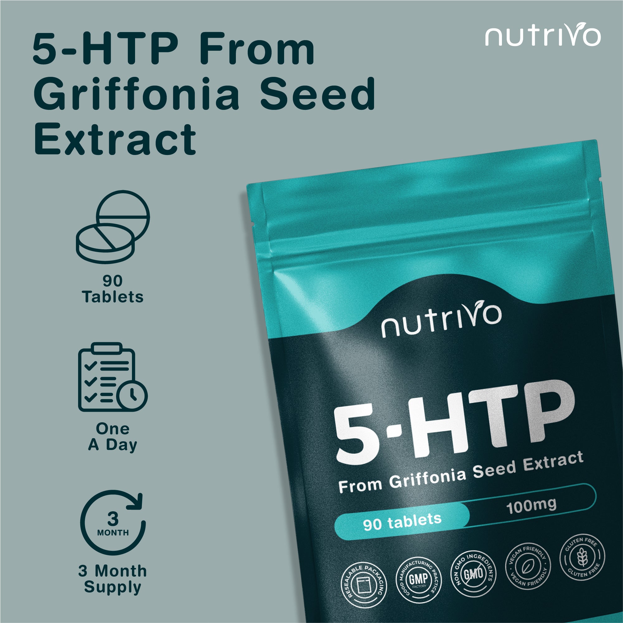 Nutrivo 5HTP Tablets - 90 Tablets Per Pack | 5HTP High Strength 1000mg Supplement | One A Day - 3 Months Supply | from Griffonia Seed Extract | Vegan &amp; UK Made