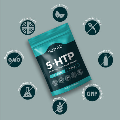 Nutrivo 5HTP Tablets - 90 Tablets Per Pack | 5HTP High Strength 1000mg Supplement | One A Day - 3 Months Supply | from Griffonia Seed Extract | Vegan &amp; UK Made