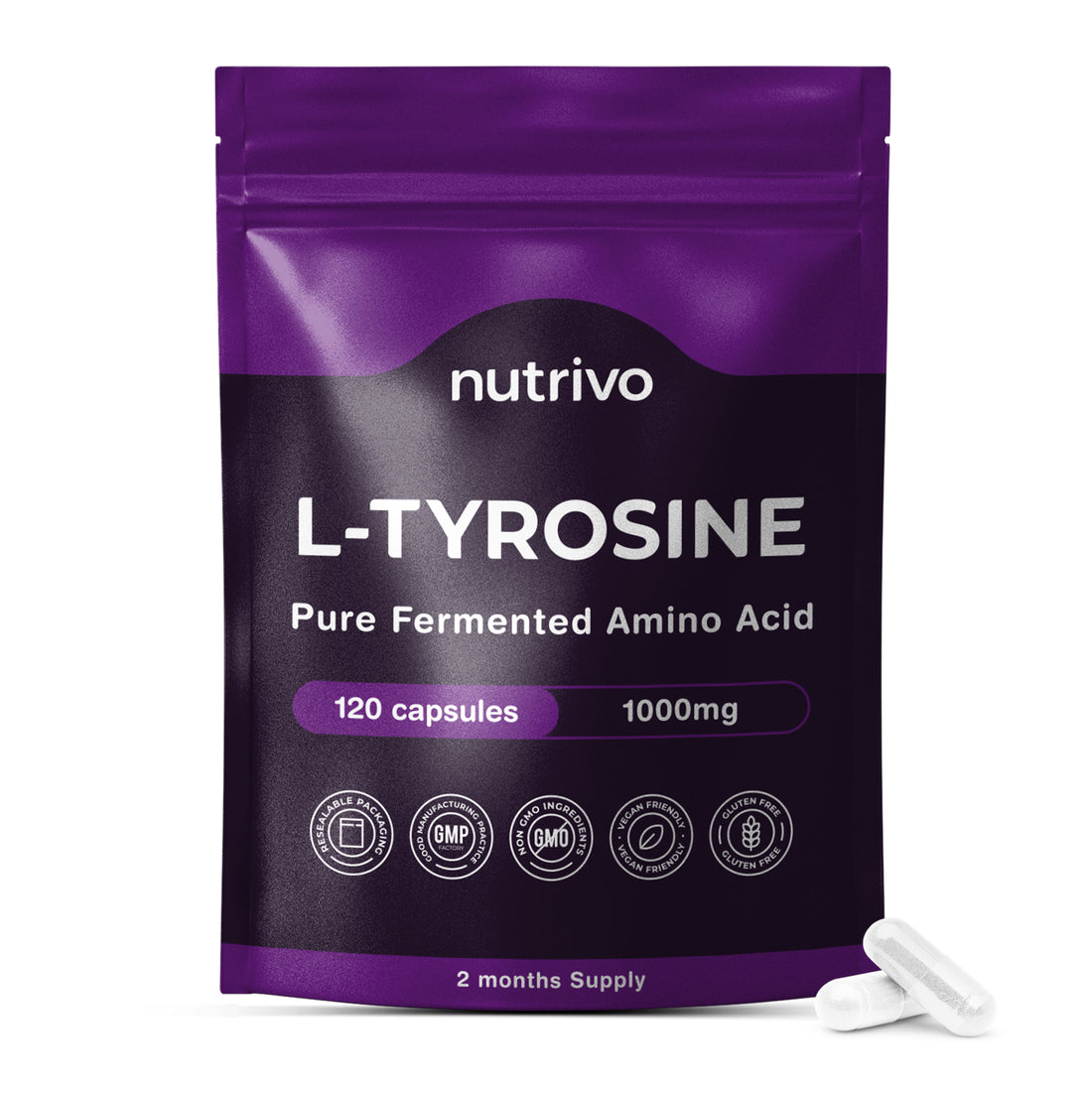 L-Tyrosine 1000mg Per Serving | 120 Capsules Per Pouch | 2 Month Supply