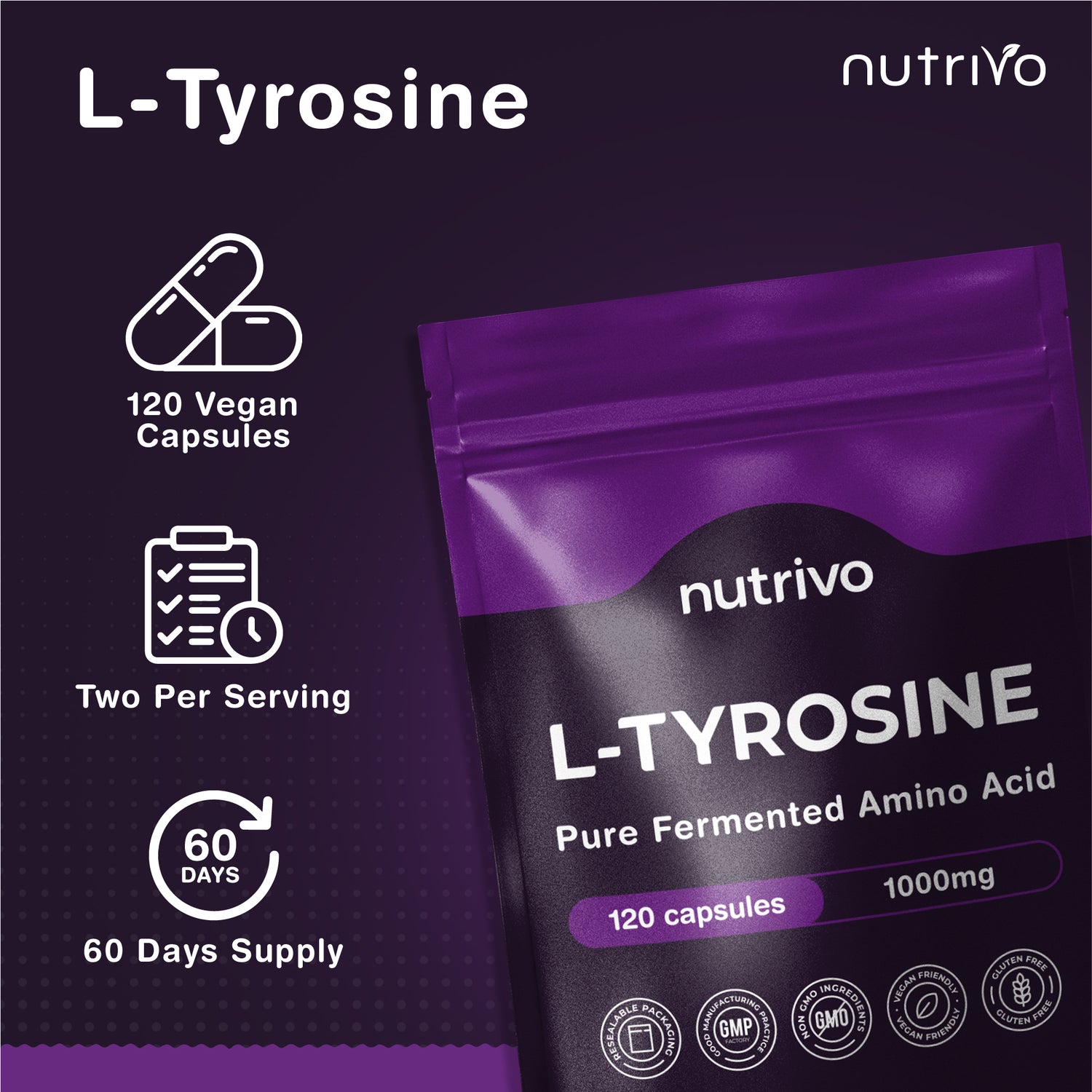 L-Tyrosine 1000mg Per Serving | 120 Capsules Per Pouch | 2 Month Supply