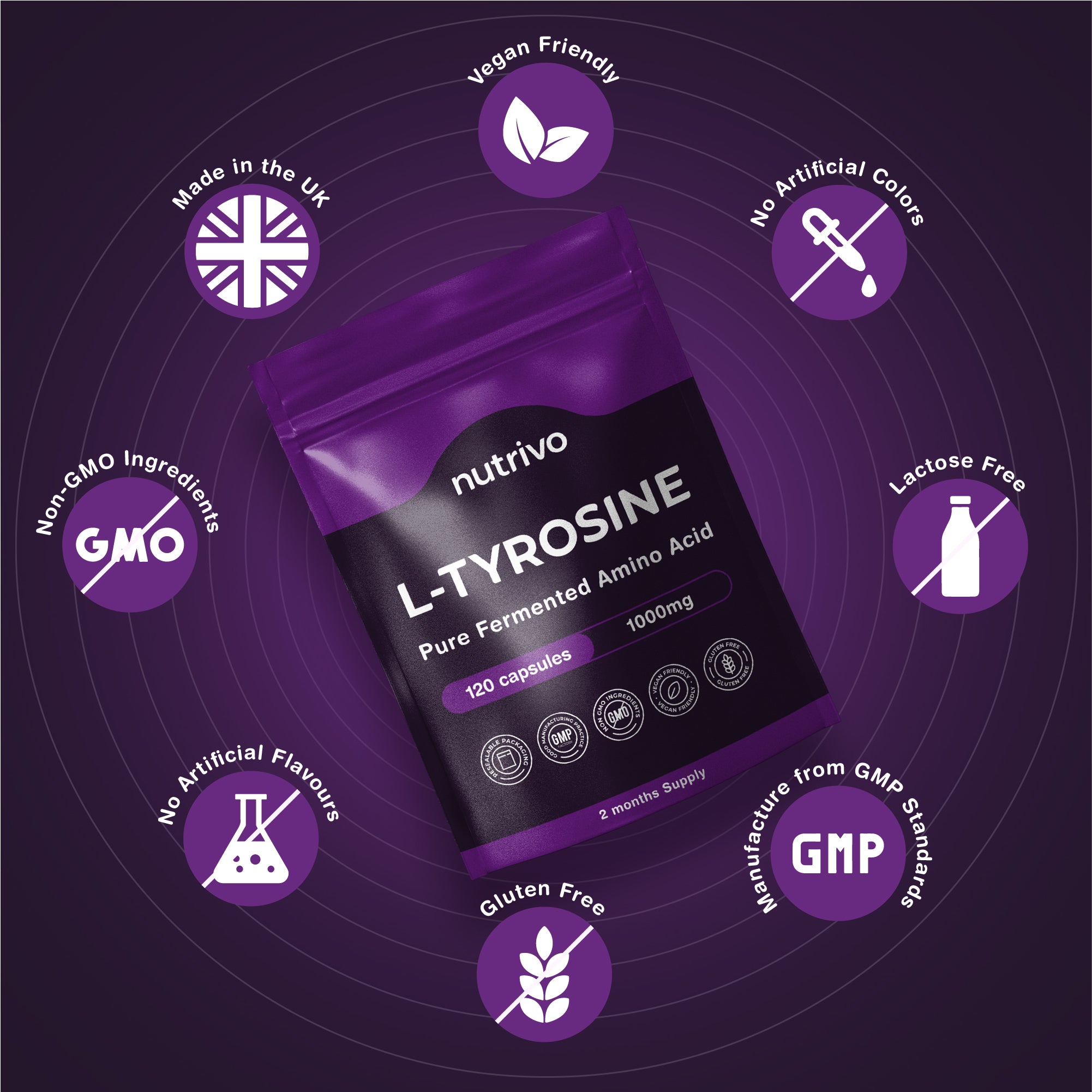 L-Tyrosine 1000mg Per Serving | 120 Capsules Per Pouch | 2 Month Supply