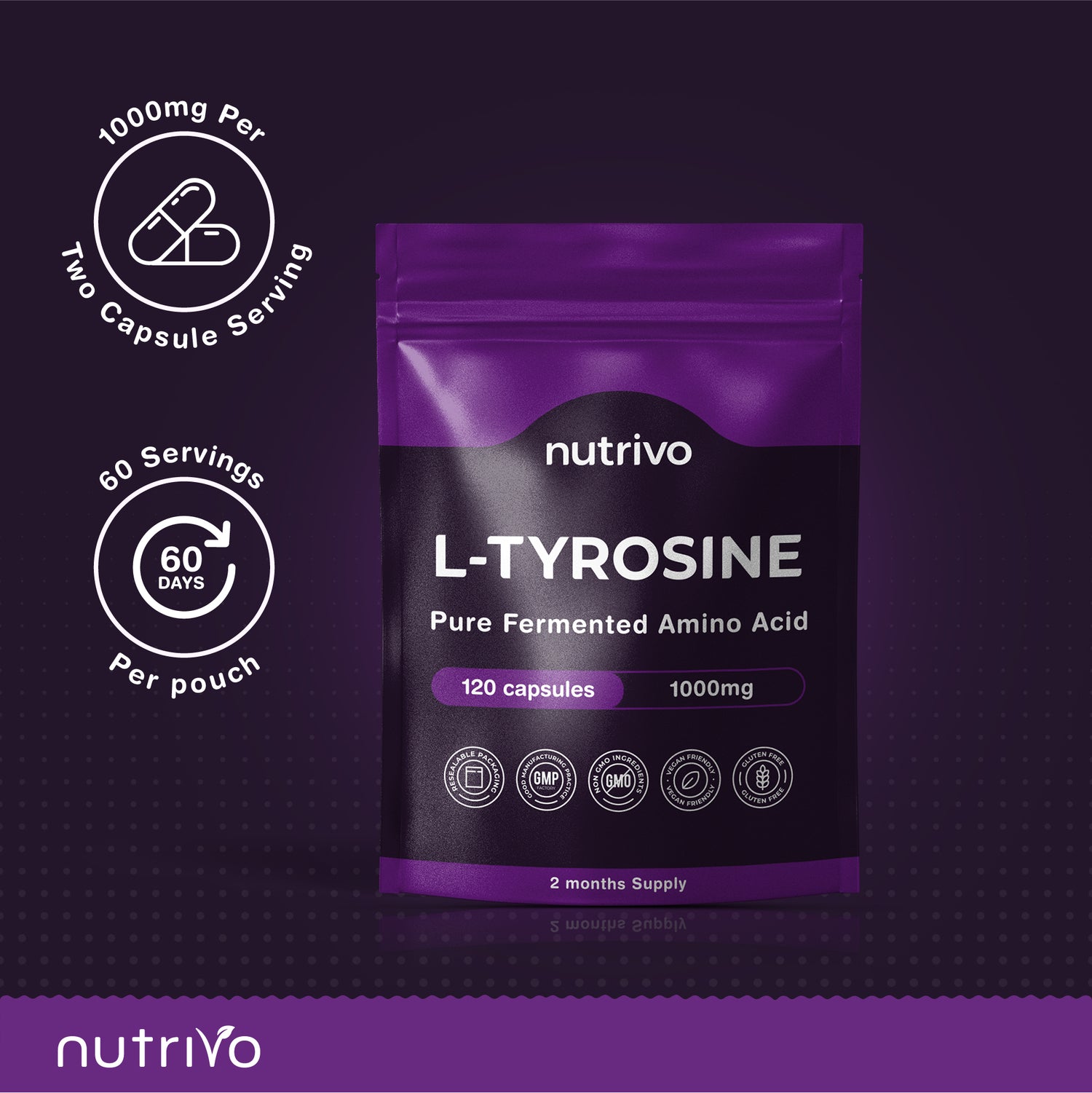 L-Tyrosine 1000mg Per Serving | 120 Capsules Per Pouch | 2 Month Supply
