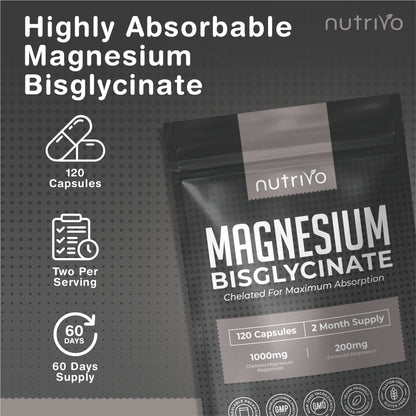 Magnesium Bisglycinate 1000mg | Chelated Magnesium Bisglycinate for Higher Absorption | 120 Capsules - 2 Month Supply | Gentle, Highly Absorbable, No Fillers or Binders | Made in the UK