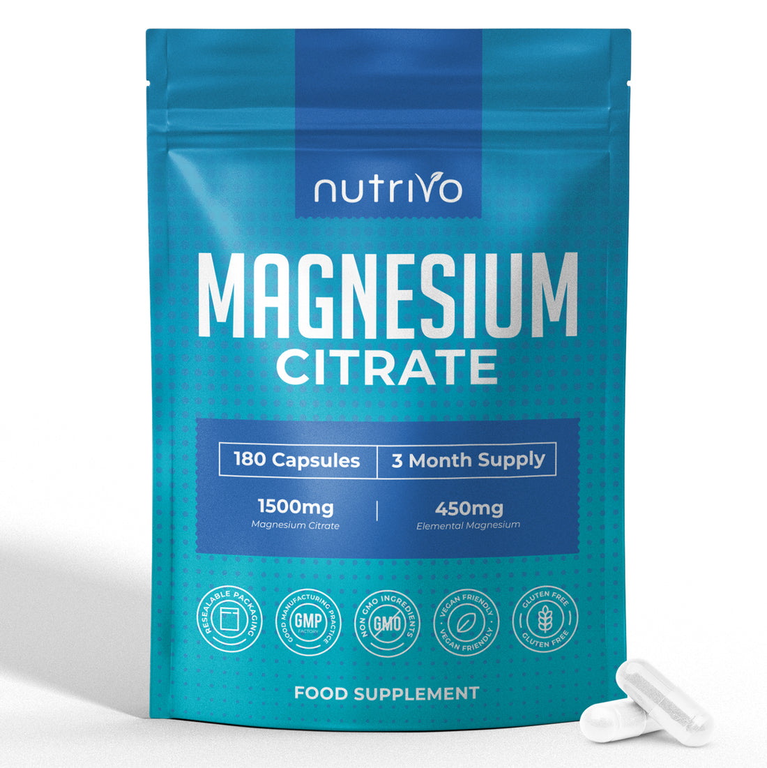 Nutrivo Magnesium Citrate 1500mg | 180 Capsules - 3 Month Supply | Magnesium for Sleep, Constipation and Energy Support | High Strength Supplement | Vegan, Gluten Free &amp; UK Made