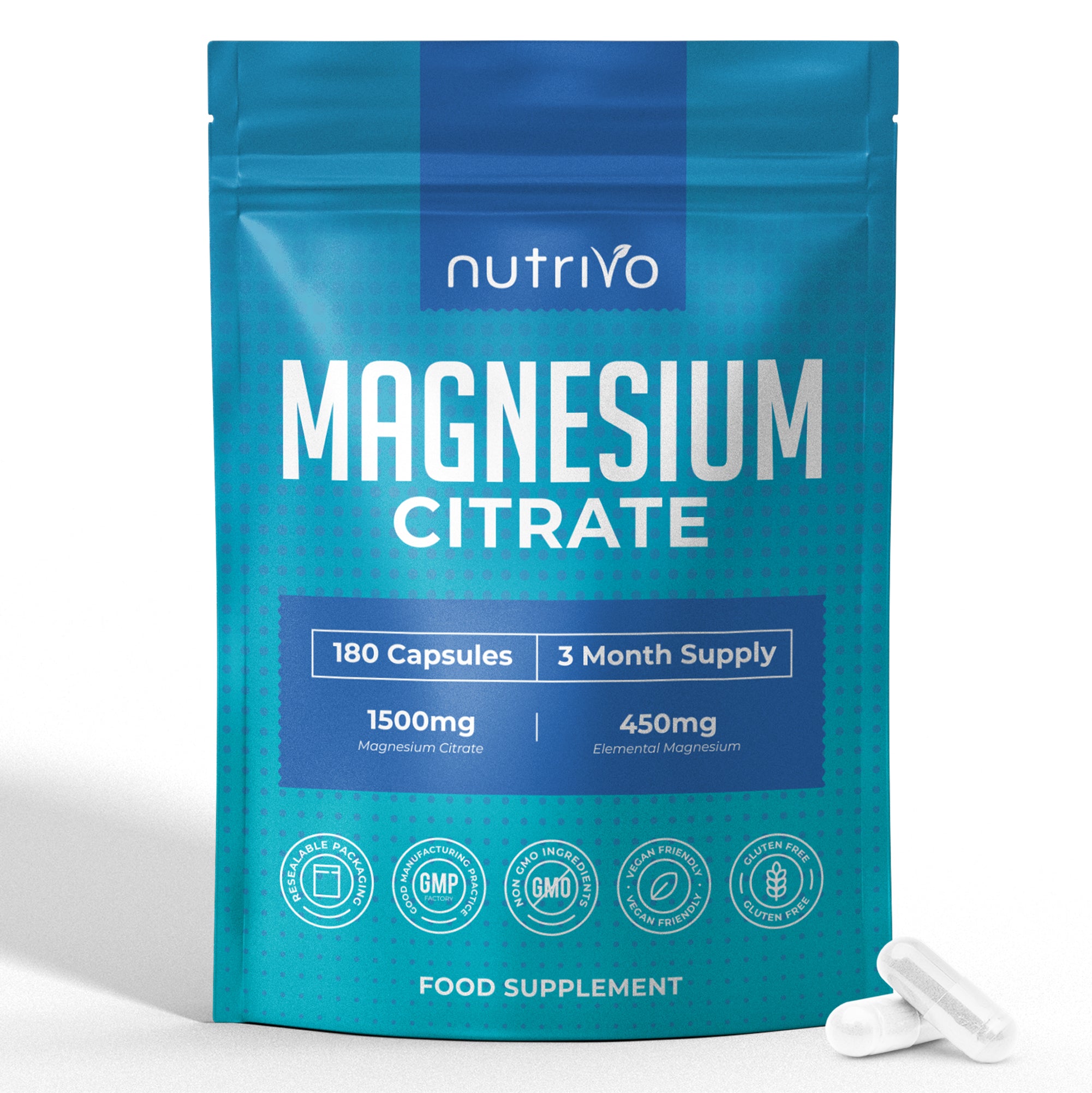 Nutrivo Magnesium Citrate 1500mg | 180 Capsules - 3 Month Supply | Magnesium for Sleep, Constipation and Energy Support | High Strength Supplement | Vegan, Gluten Free &amp; UK Made