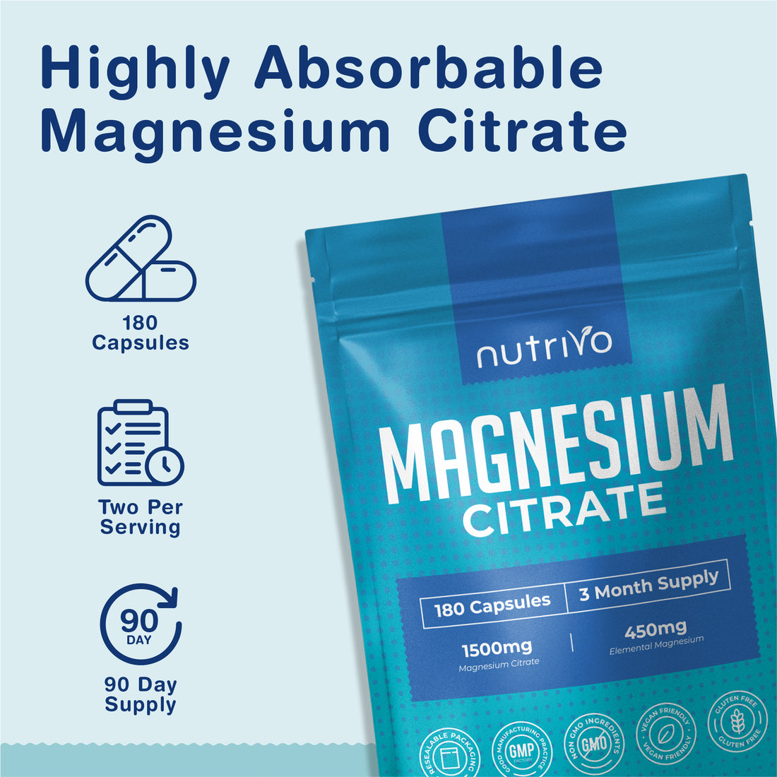 Nutrivo Magnesium Citrate 1500mg | 180 Capsules - 3 Month Supply | Magnesium for Sleep, Constipation and Energy Support | High Strength Supplement | Vegan, Gluten Free &amp; UK Made