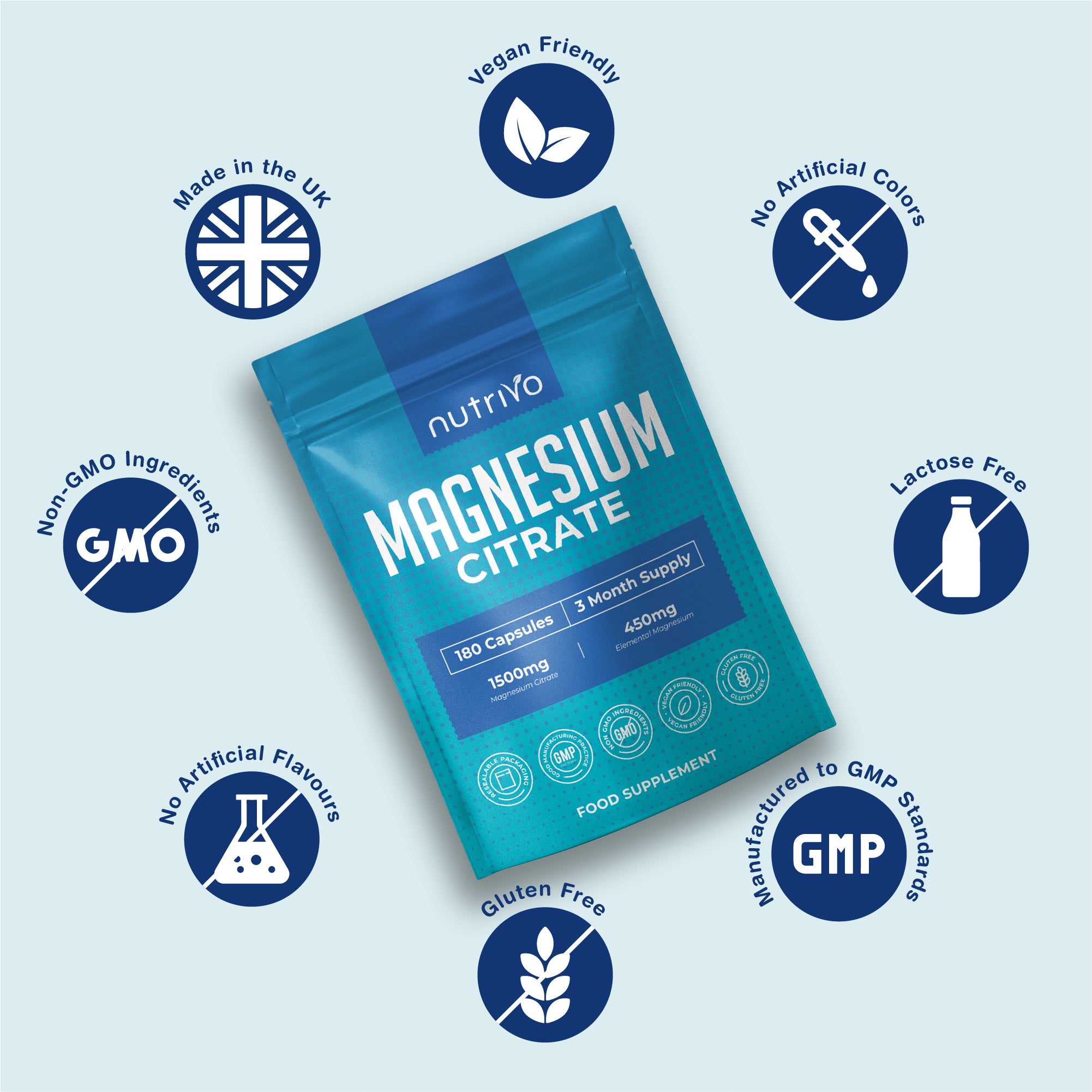 Nutrivo Magnesium Citrate 1500mg | 180 Capsules - 3 Month Supply | Magnesium for Sleep, Constipation and Energy Support | High Strength Supplement | Vegan, Gluten Free &amp; UK Made