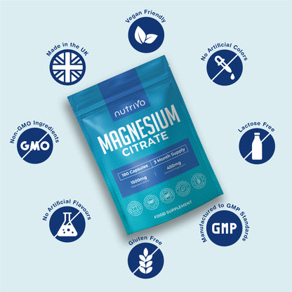 Nutrivo Magnesium Citrate 1500mg | 180 Capsules - 3 Month Supply | Magnesium for Sleep, Constipation and Energy Support | High Strength Supplement | Vegan, Gluten Free &amp; UK Made