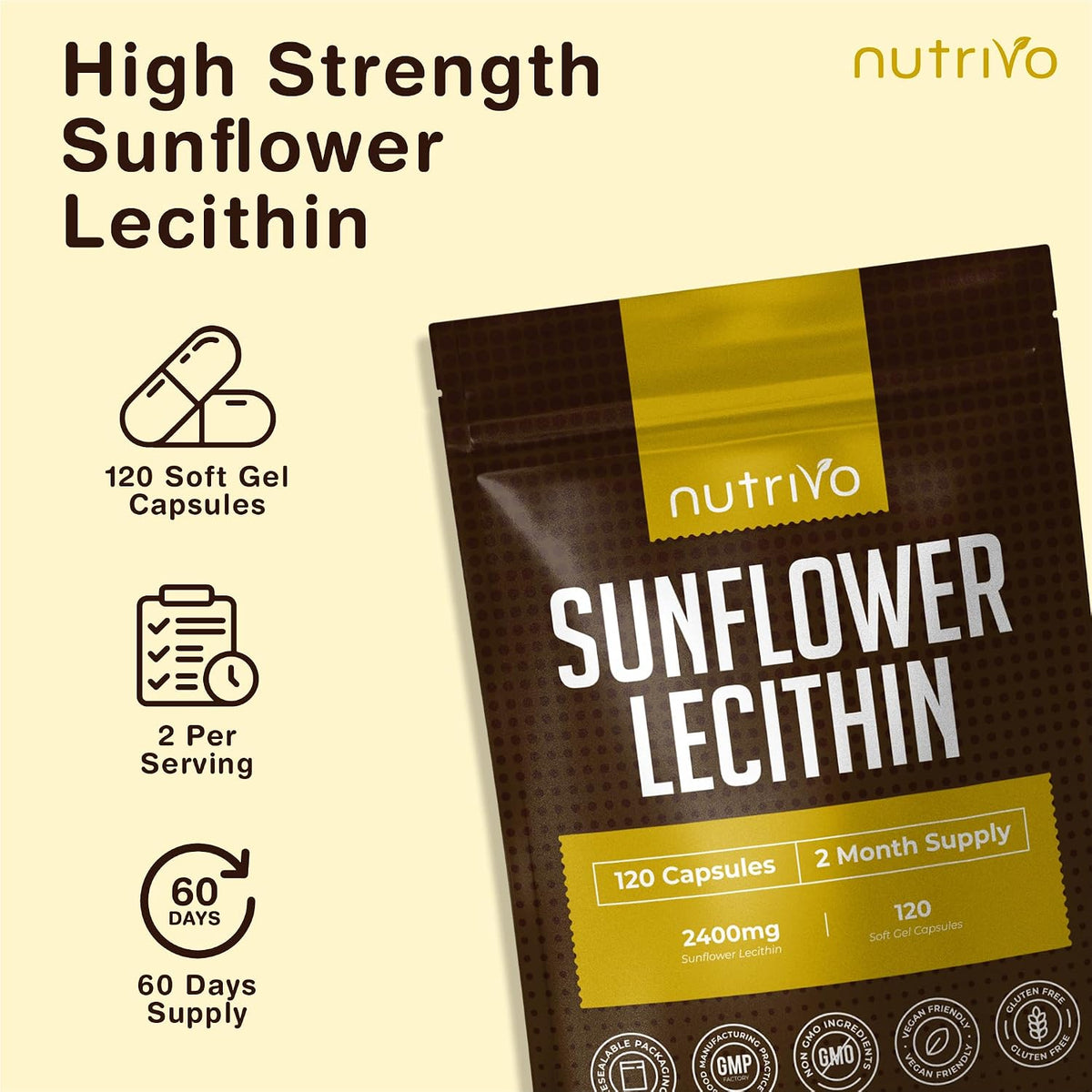 Nutrivo Sunflower Lecithin Capsules 2400mg |120 Softgels | 2 Month Supply