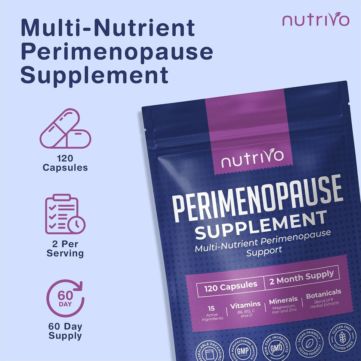 Perimenopause Supplements &amp; Menopause Supplements - 120 Capsules Per Pouch Perimenopause &amp; Menopause Supplement | 15 Ingredient Blend of Vitamins, Minerals &amp; Botanicals | 120 capsules | 2 Month Supply