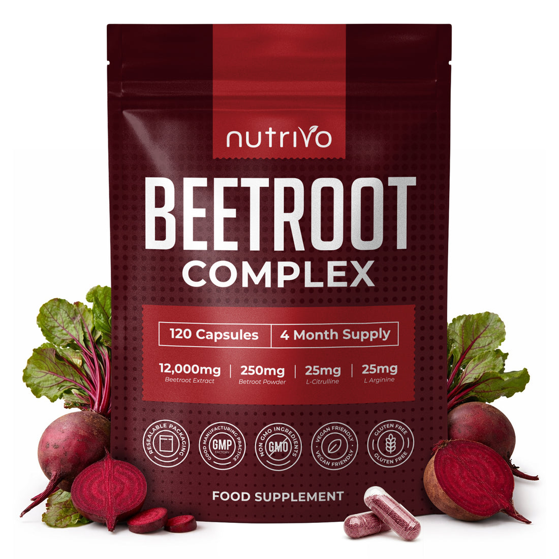Nutrivo Beetroot Capsules High Strength 12,000mg | Beetroot Extract Complex with L-Citrulline, L-Arginine - Nitric Oxide Booster | 120 Capsules - 4 Month Supply | Vegan &amp; UK Made