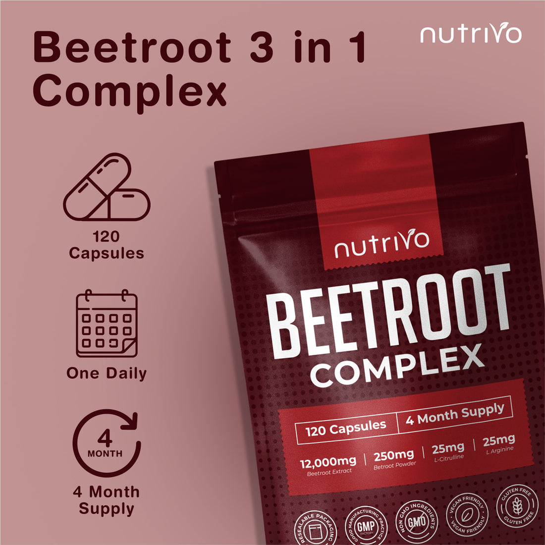 Nutrivo Beetroot Capsules High Strength 12,000mg | Beetroot Extract Complex with L-Citrulline, L-Arginine - Nitric Oxide Booster | 120 Capsules - 4 Month Supply | Vegan &amp; UK Made