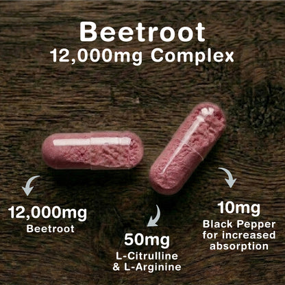 Nutrivo Beetroot Capsules High Strength 12,000mg | Beetroot Extract Complex with L-Citrulline, L-Arginine - Nitric Oxide Booster | 120 Capsules - 4 Month Supply | Vegan &amp; UK Made