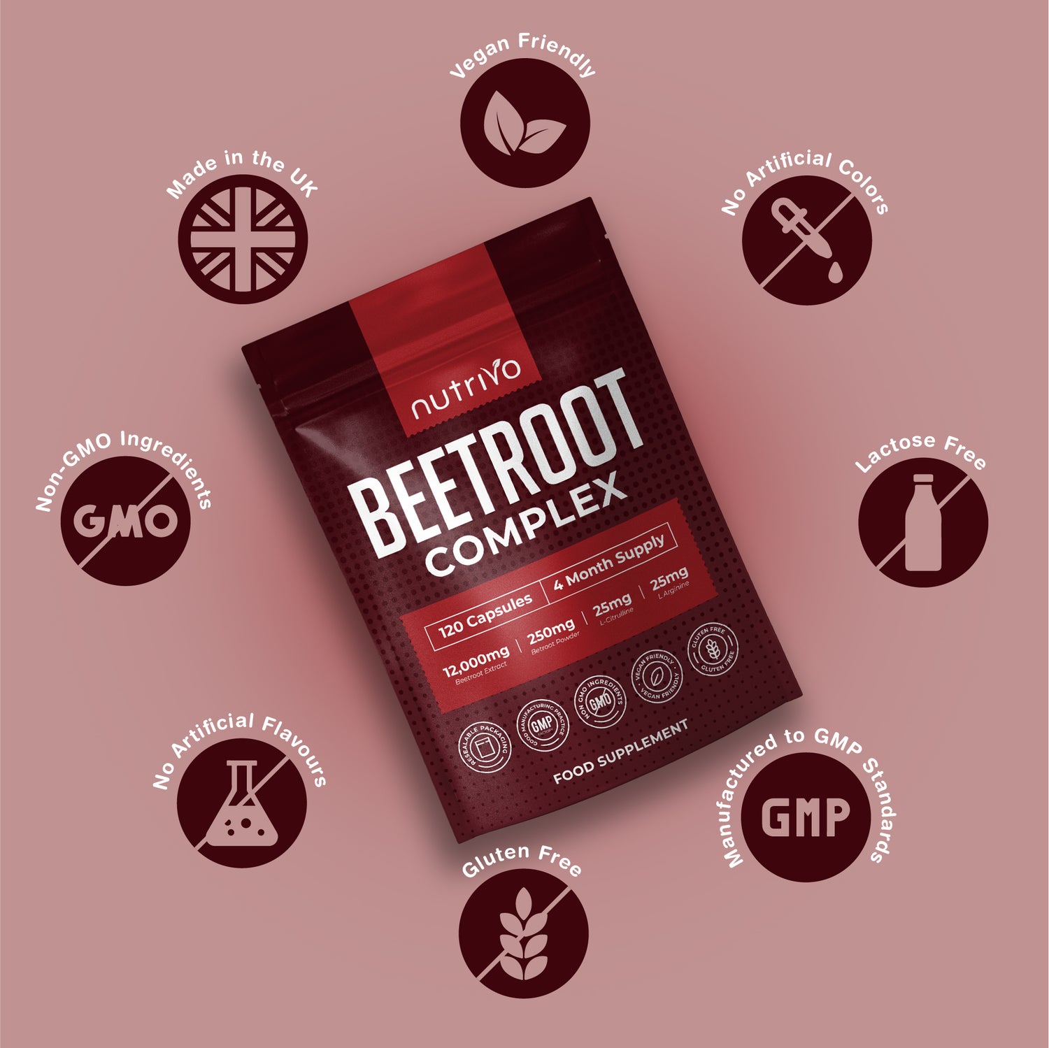 Nutrivo Beetroot Capsules High Strength 12,000mg | Beetroot Extract Complex with L-Citrulline, L-Arginine - Nitric Oxide Booster | 120 Capsules - 4 Month Supply | Vegan &amp; UK Made