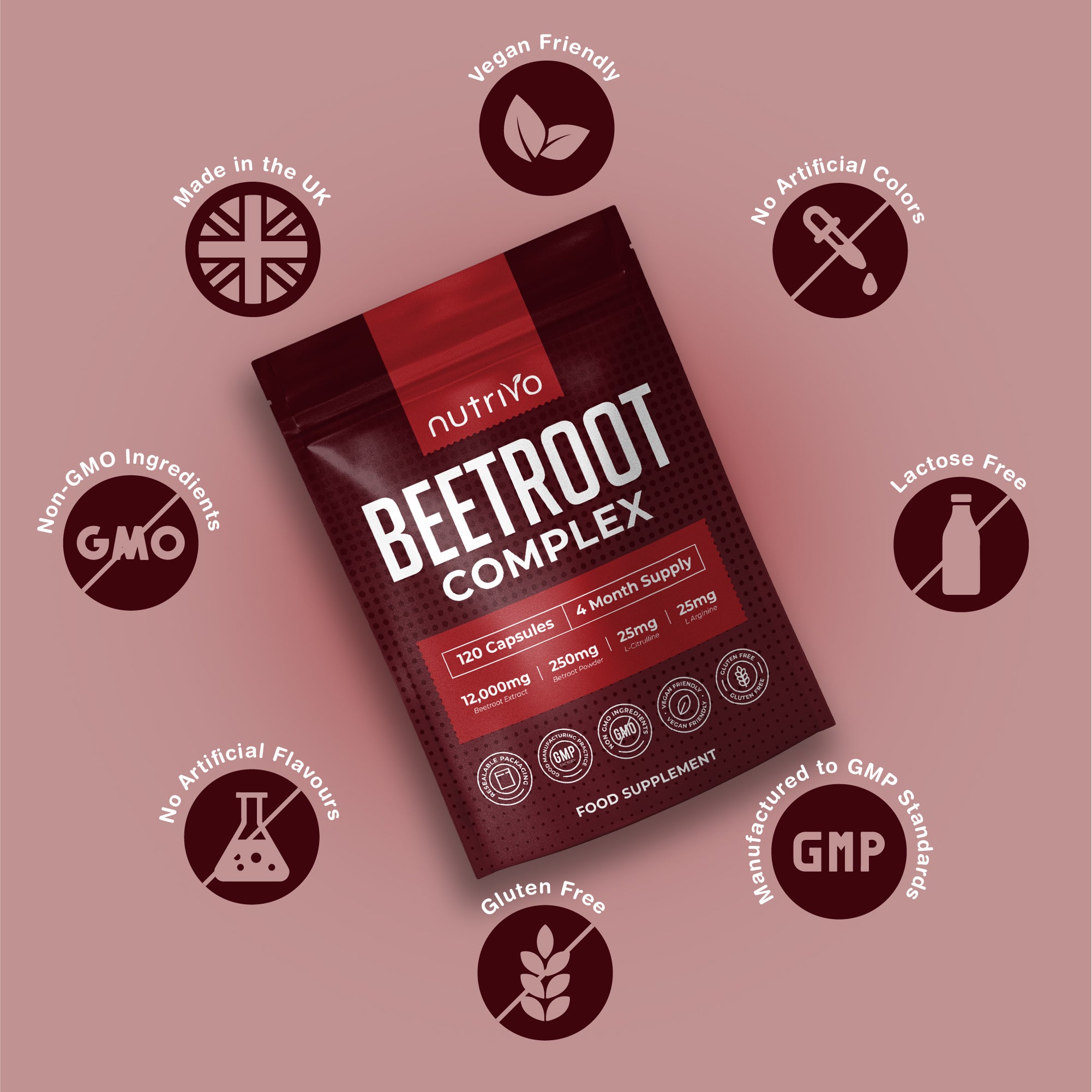 Nutrivo Beetroot Capsules High Strength 12,000mg | Beetroot Extract Complex with L-Citrulline, L-Arginine - Nitric Oxide Booster | 120 Capsules - 4 Month Supply | Vegan &amp; UK Made