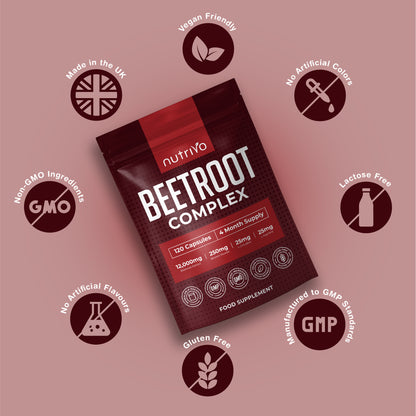 Nutrivo Beetroot Capsules High Strength 12,000mg | Beetroot Extract Complex with L-Citrulline, L-Arginine - Nitric Oxide Booster | 120 Capsules - 4 Month Supply | Vegan &amp; UK Made