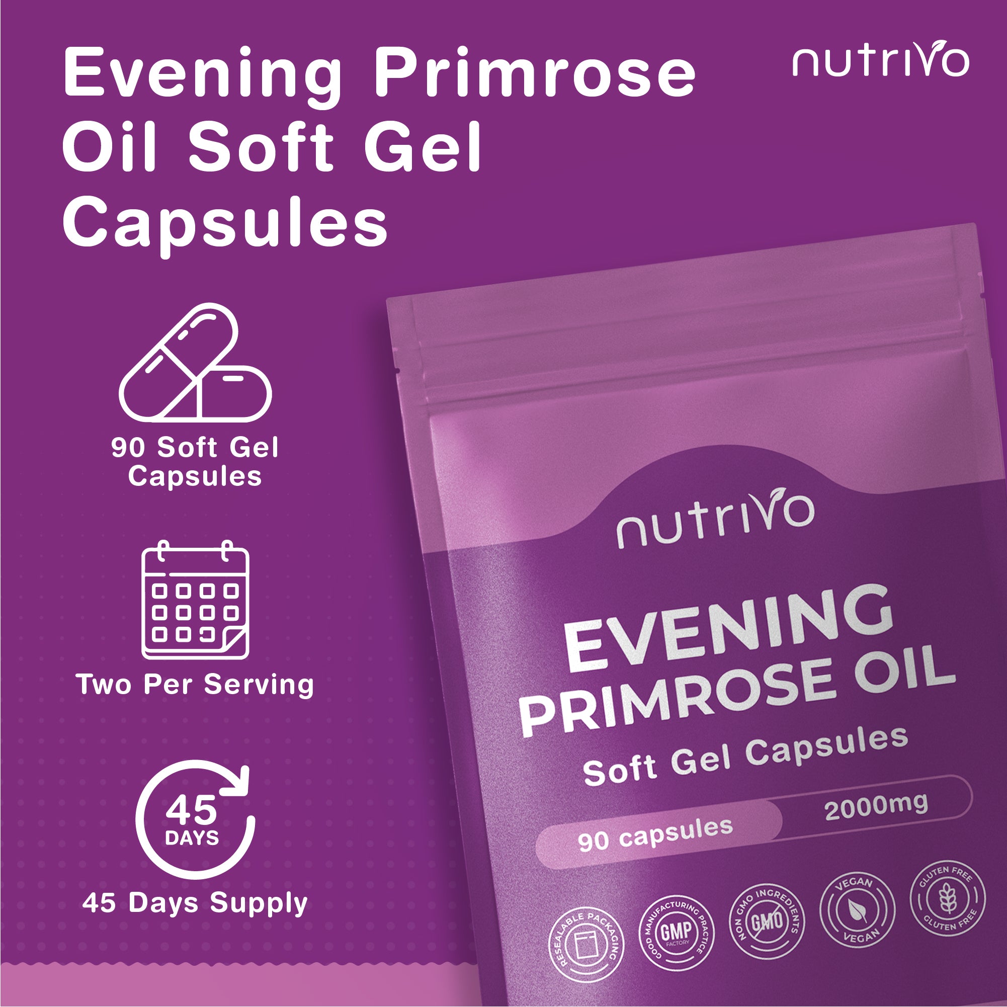 Evening Primrose Oil 1000mg (2000mg Per 2 Capsule Serving) | 90 Capsules Per Pouch | High Strength &amp; High GLA (Omega 6) Content | Cold Pressed | UK Made