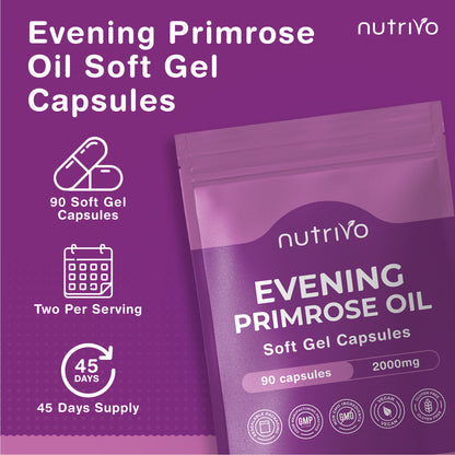 Evening Primrose Oil 1000mg (2000mg Per 2 Capsule Serving) | 90 Capsules Per Pouch | High Strength &amp; High GLA (Omega 6) Content | Cold Pressed | UK Made