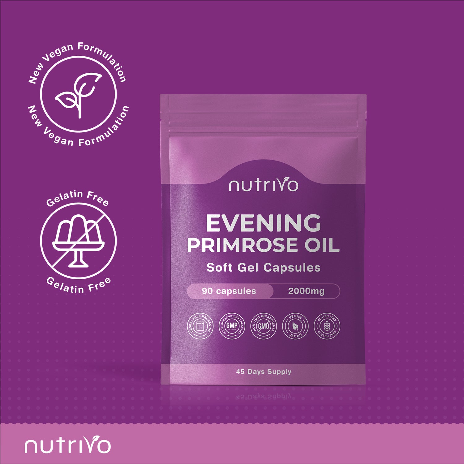 Evening Primrose Oil 1000mg (2000mg Per 2 Capsule Serving) | 90 Capsules Per Pouch | High Strength &amp; High GLA (Omega 6) Content | Cold Pressed | UK Made