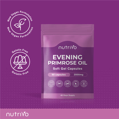 Evening Primrose Oil 1000mg (2000mg Per 2 Capsule Serving) | 90 Capsules Per Pouch | High Strength &amp; High GLA (Omega 6) Content | Cold Pressed | UK Made