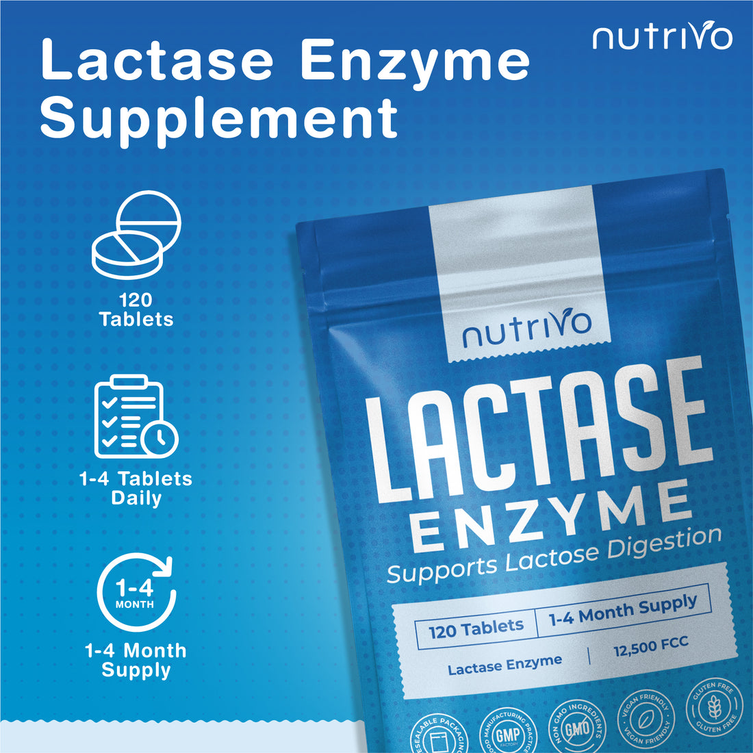 Nutrivo Lactase Tablets | High Strength Lactose Intolerance Tablets 12,500 FCC | 1-4 Month Supply | Lactase Enzyme | Support Dairy and Lactose Digestion