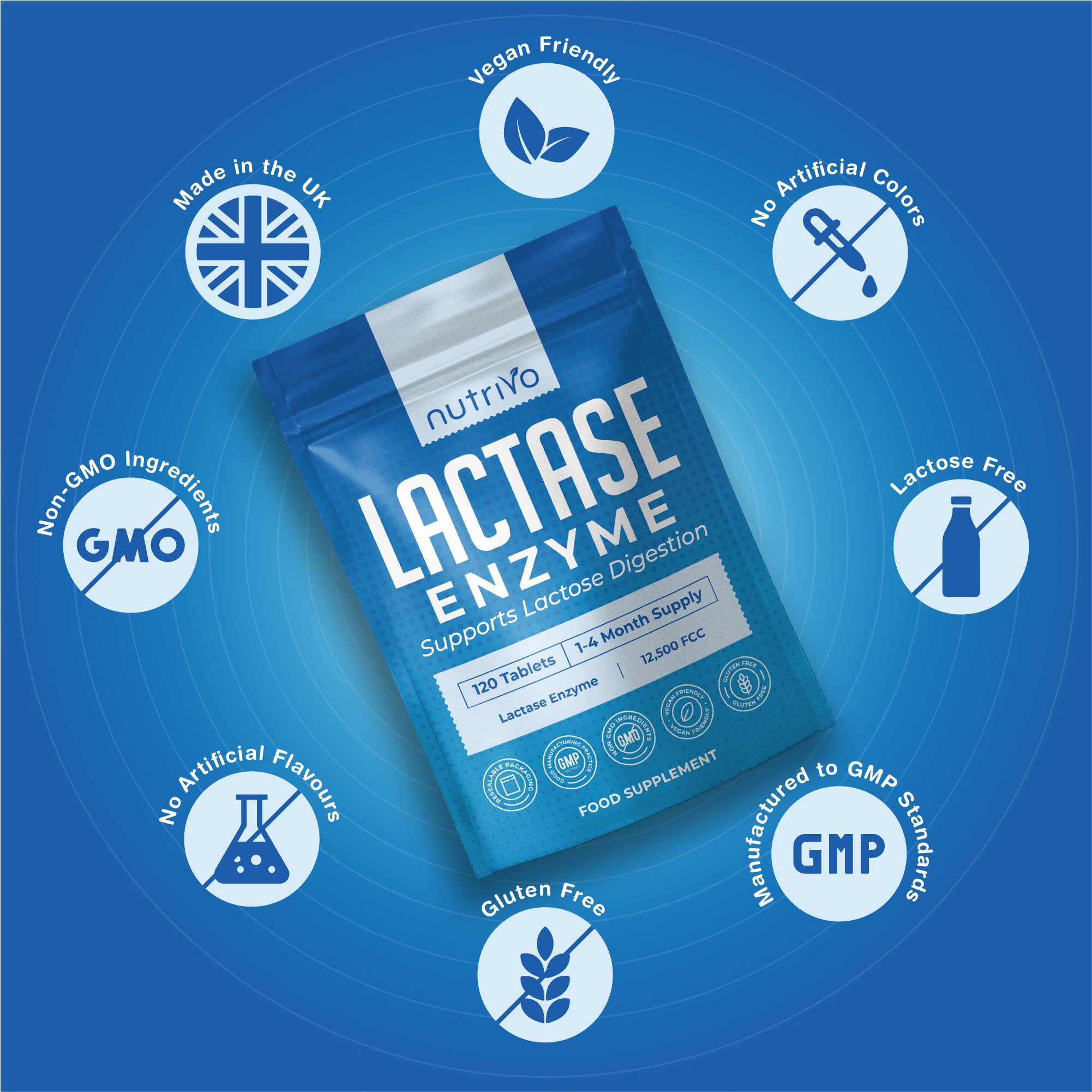 Nutrivo Lactase Tablets | High Strength Lactose Intolerance Tablets 12,500 FCC | 1-4 Month Supply | Lactase Enzyme | Support Dairy and Lactose Digestion