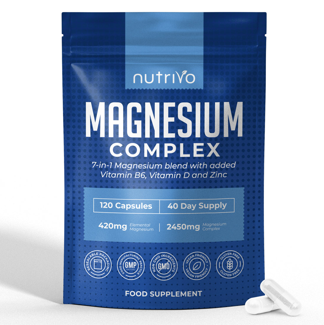 Nutrivo Magnesium Complex 7 in 1 with Vitamin B6, Vitamin D &amp; Zinc | High Strength Magnesium Supplements - 2450mg | 120 Magnesium Capsules - 40 Day Supply | Magnesium Supplement