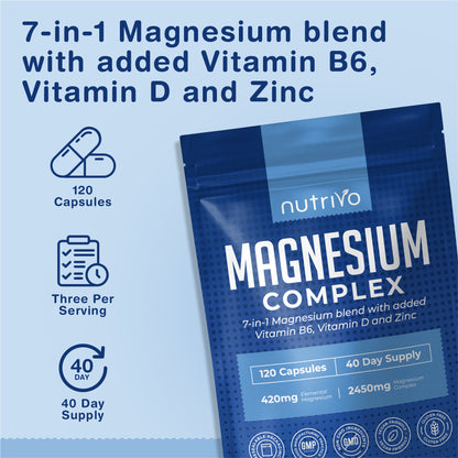 Nutrivo Magnesium Complex 7 in 1 with Vitamin B6, Vitamin D &amp; Zinc | High Strength Magnesium Supplements - 2450mg | 120 Magnesium Capsules - 40 Day Supply | Magnesium Supplement