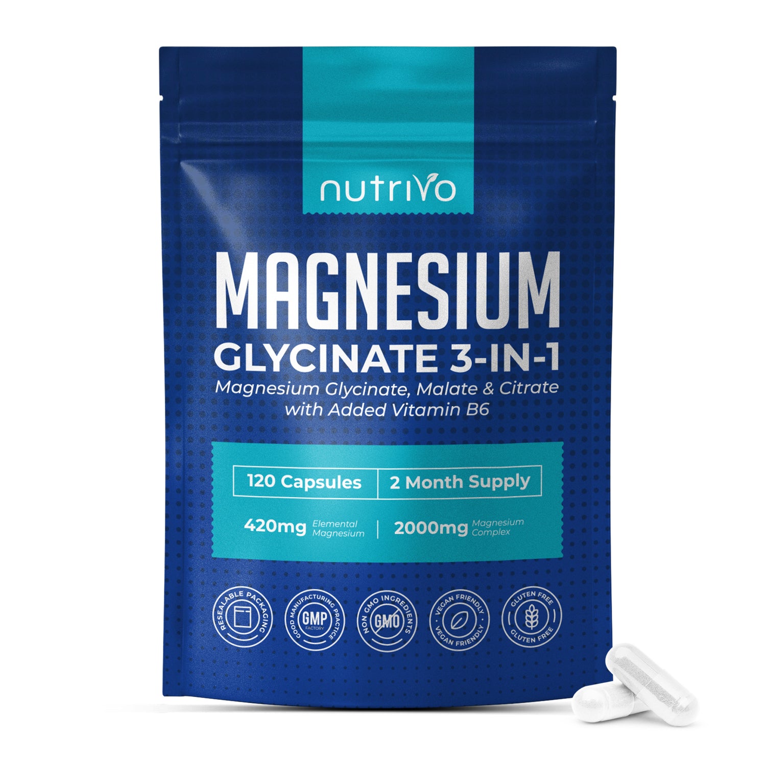 Magnesium Glycinate 3-in-1 Complex 2000mg | Magnesium Glycinate, Malate &amp; Citrate with Vitamin B6 | 120 Capsules - 2 Months Supply | High Absorption | No Fillers or Binders | 3rd Party Tested