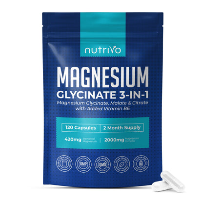 Magnesium Glycinate 3-in-1 Complex 2000mg | Magnesium Glycinate, Malate &amp; Citrate with Vitamin B6 | 120 Capsules - 2 Months Supply | High Absorption | No Fillers or Binders | 3rd Party Tested