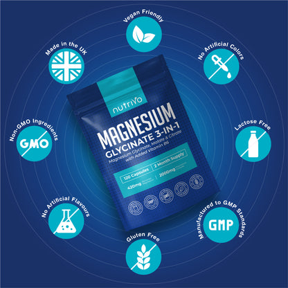 Magnesium Glycinate 3-in-1 Complex 2000mg | Magnesium Glycinate, Malate &amp; Citrate with Vitamin B6 | 120 Capsules - 2 Months Supply | High Absorption | No Fillers or Binders | 3rd Party Tested