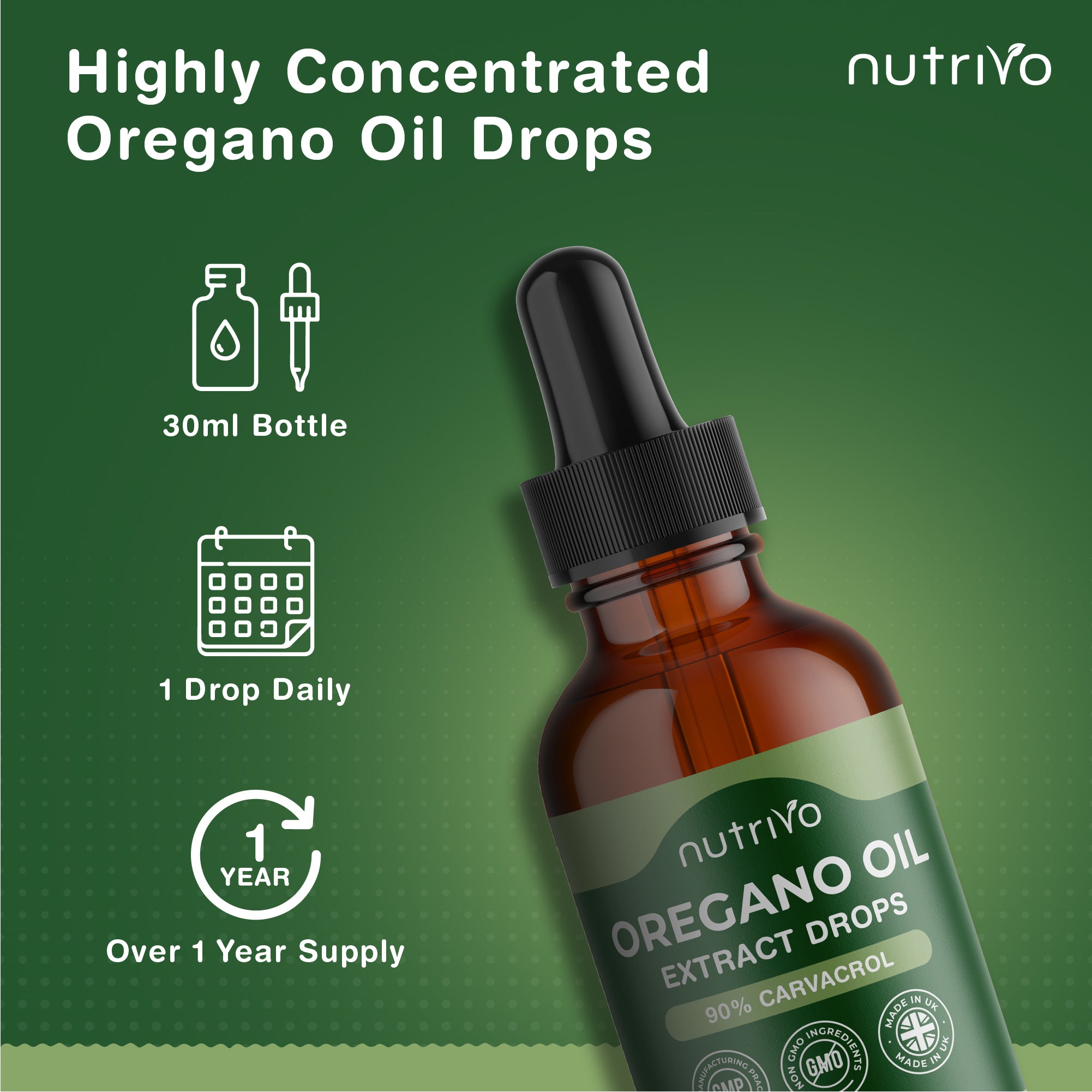 Oregano Oil Drops - 90% Carvacrol | 30ml Bottle - Over 1 Year Supply | Pure Wild Oregano Oil for Immune Support, Digestive Health &amp; Natural Wellness | Pure and Potent Oil of Oregano
