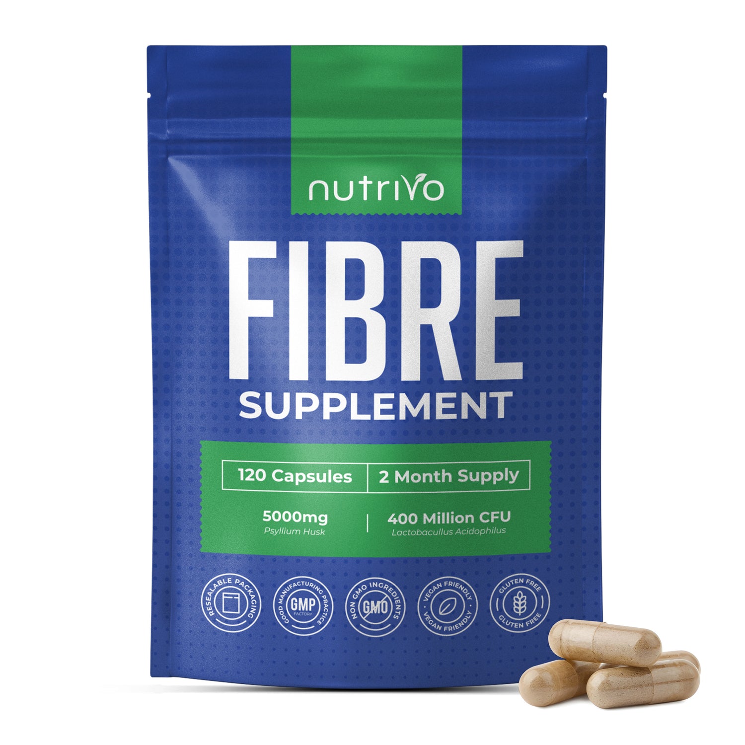 Fibre Supplement - Psyllium Husk 5000mg (500mg of 10:1 Extract) &amp; Probiotic 400 Million CFU Lactobacillus Acidophilus – Digestive, Gut Health Support &amp; Stool Softener -120 Psyllium Husks Capsules