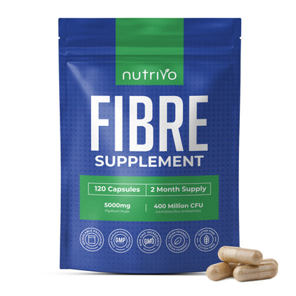 Fibre Supplement - Psyllium Husk 5000mg (500mg of 10:1 Extract) &amp; Probiotic 400 Million CFU Lactobacillus Acidophilus – Digestive, Gut Health Support &amp; Stool Softener -120 Psyllium Husks Capsules