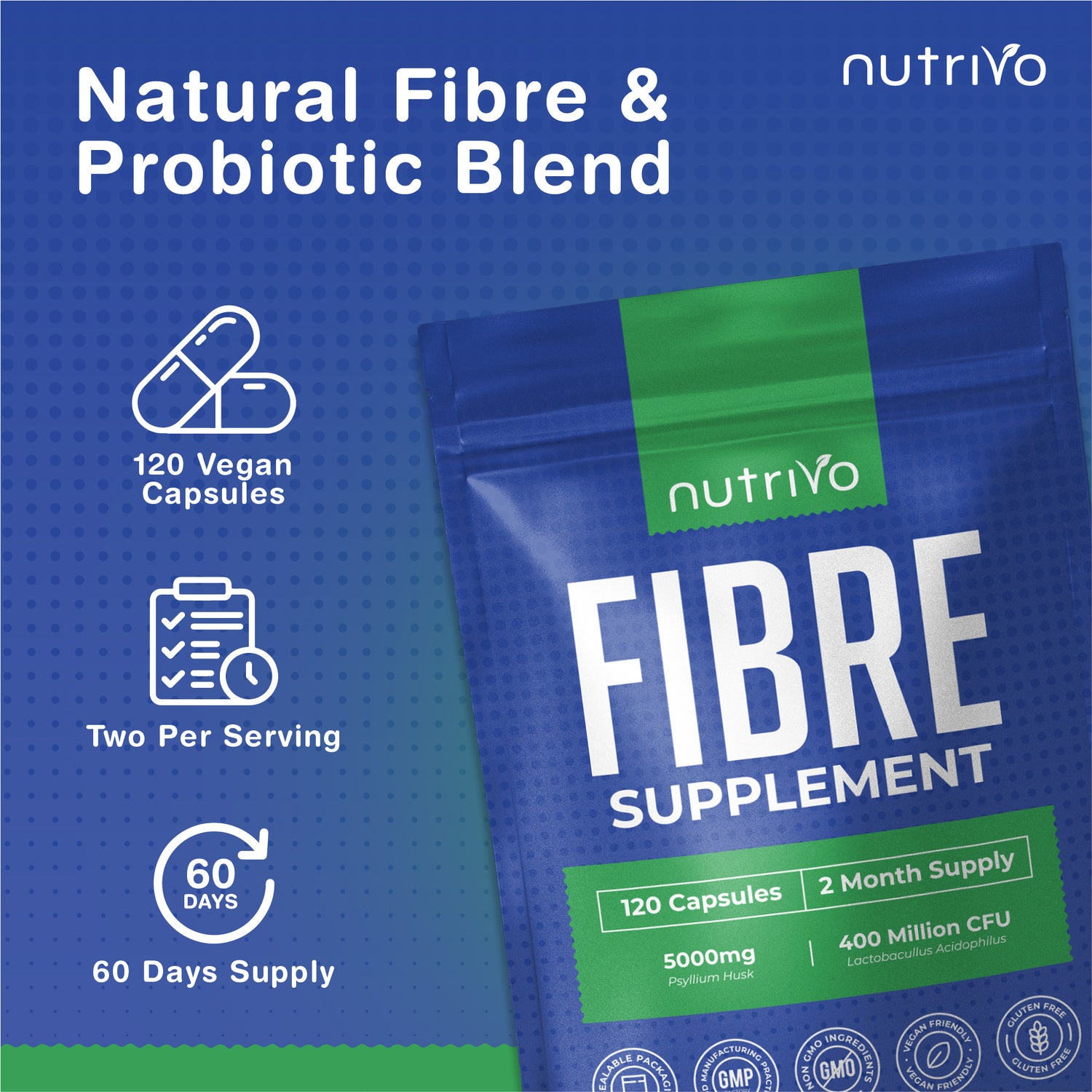 Fibre Supplement - Psyllium Husk 5000mg (500mg of 10:1 Extract) &amp; Probiotic 400 Million CFU Lactobacillus Acidophilus – Digestive, Gut Health Support &amp; Stool Softener -120 Psyllium Husks Capsules