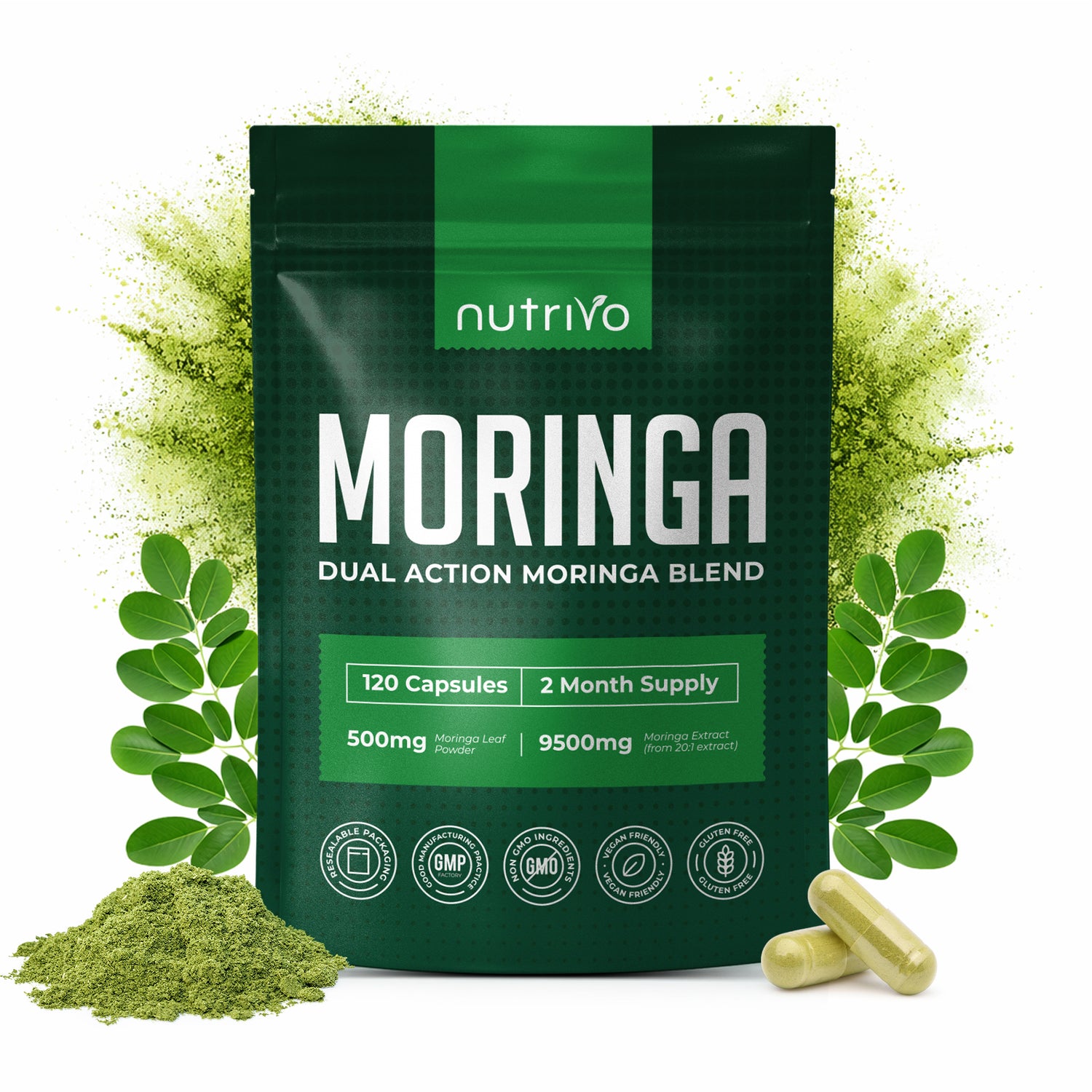 Moringa Leaf Capsules | Dual Action Supplement - Powder and Moringa Leaf Extract | 120 Capsules - 2 Per Serving | 2 Months Supply | No Filler &amp; No Binders | UK Made